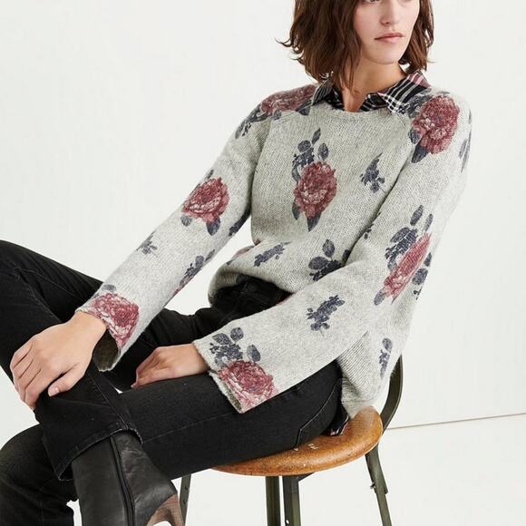 Lucky Brand Floral Gray Pullover Sweater Size M - Picture 1 of 8